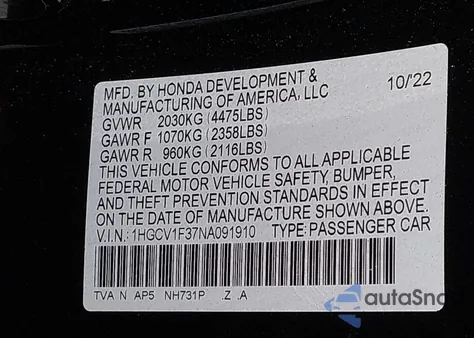 2022 Honda Accord Sport z USA, uszkodzony, nr VIN 1HGCV1F37NA091910